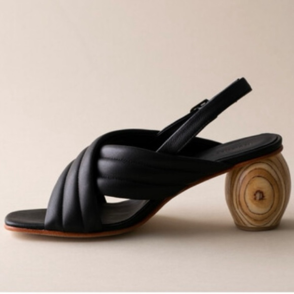 Black Quilted Leather Slingback Sandals with Wood-Effect Heel - Picture 4 of 7